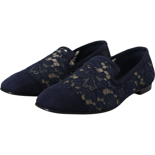Dolce & Gabbana Blue Floral Lace Slip Ons Loafers Flats Shoes LA10075- 35