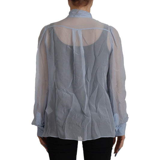 Dolce & Gabbana Light Blue Silk Ascot Collar Long Sleeves Top TSH8036 - 40