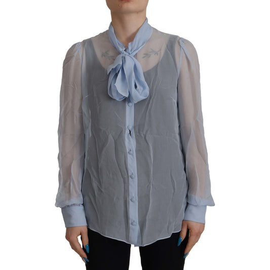 Dolce & Gabbana Light Blue Silk Ascot Collar Long Sleeves Top TSH8036 - 40