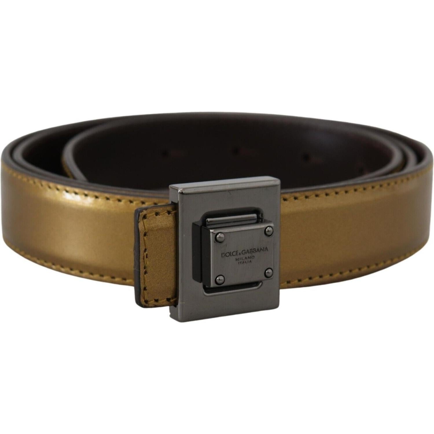 Dolce & Gabbana Gold Leather Silver Square Metal Buckle Belt