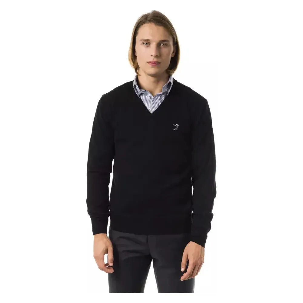 Uominitaliani Black Merino Wool Men Sweater 1728,67345744032,Black,Clothing,L,M,Men,Men - Clothing,New with tags,S,Sweaters - Clothing,Sweaters - Men - Clothing,Sweatshirts - Sweaters - Clothing,Uominitaliani,XL,XS,XXL