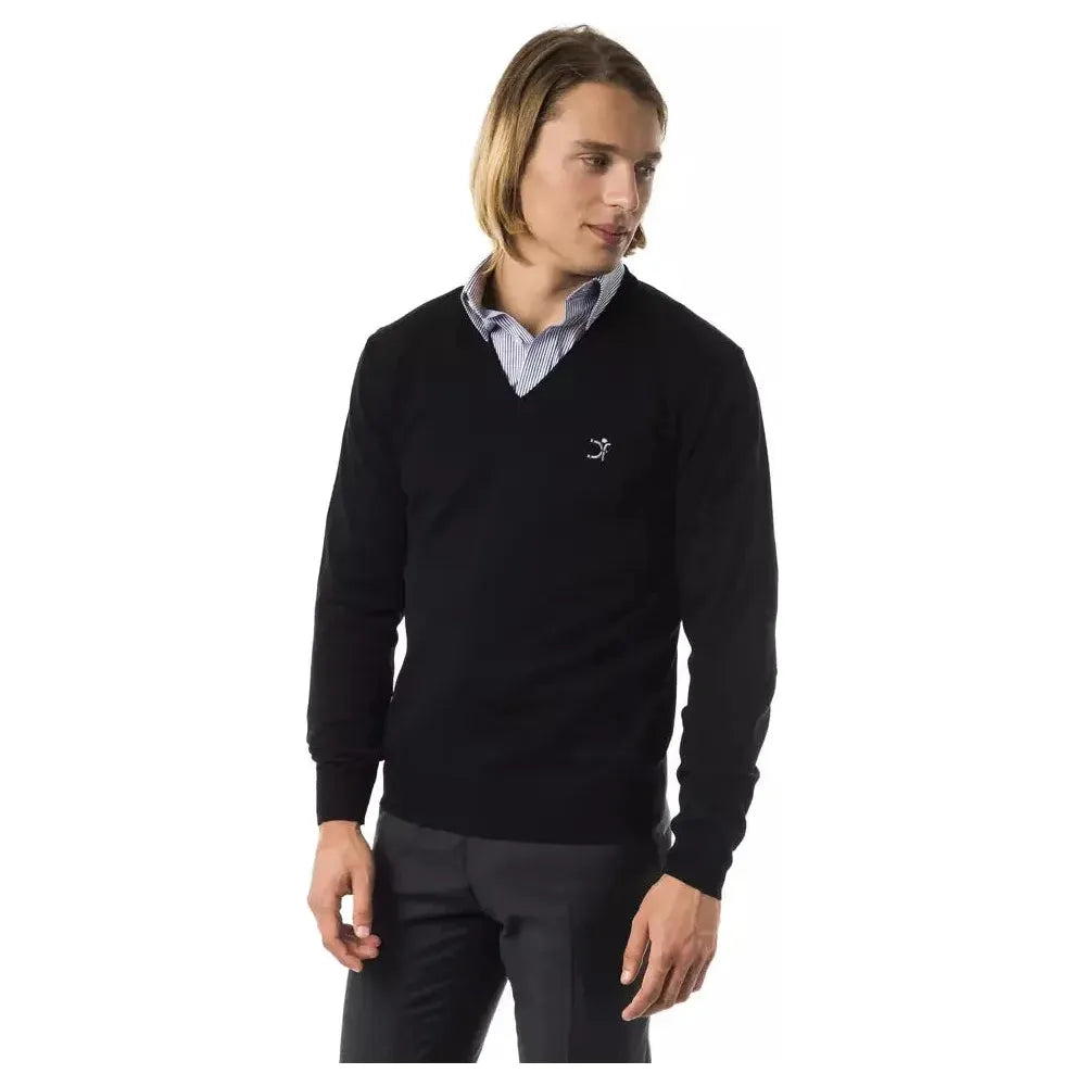 Uominitaliani Black Merino Wool Men Sweater 1728,67345744032,Black,Clothing,L,M,Men,Men - Clothing,New with tags,S,Sweaters - Clothing,Sweaters - Men - Clothing,Sweatshirts - Sweaters - Clothing,Uominitaliani,XL,XS,XXL
