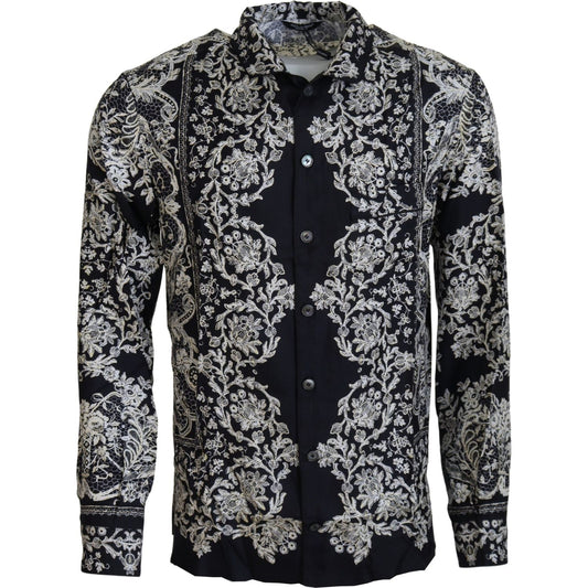 Dolce & Gabbana Blue Silk Floral Baroque Satin Casual Shirt TSH83578- 37