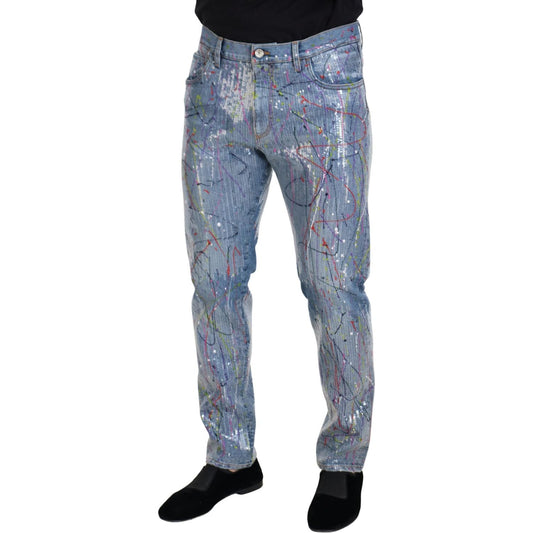 Dolce & Gabbana Blue Cotton Color Splash Print Denim Jeans PAN73300 - 48