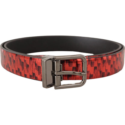 Dolce & Gabbana Red Herringbone Leather Gray Tone Buckle Belt