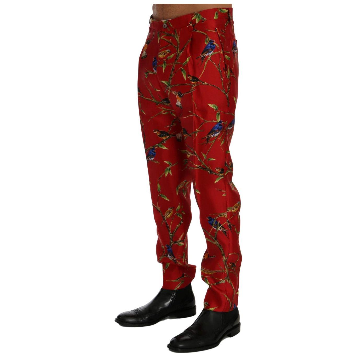 Dolce & Gabbana Red Silk Bird Print Dress Pants Dolce & Gabbana