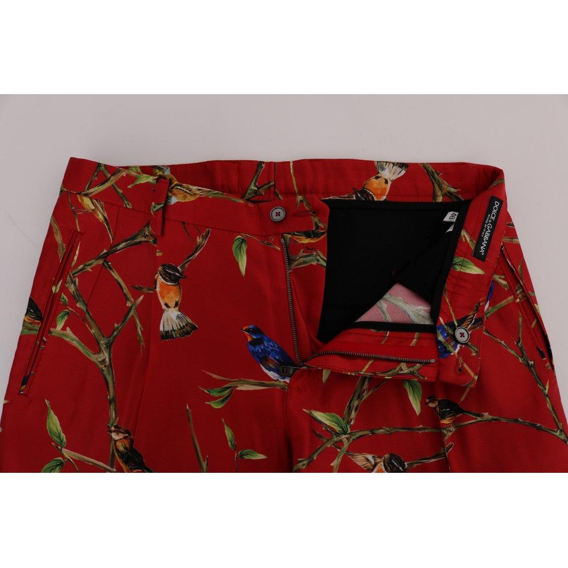 Dolce & Gabbana Red Silk Bird Print Dress Pants Dolce & Gabbana