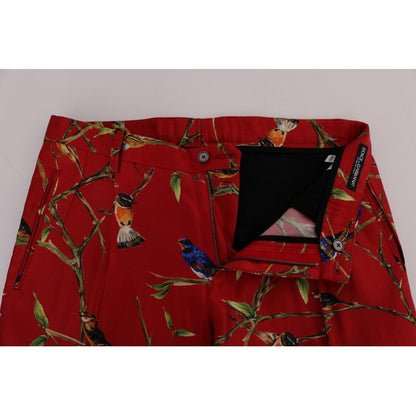 Dolce & Gabbana Red Silk Bird Print Dress Pants Dolce & Gabbana