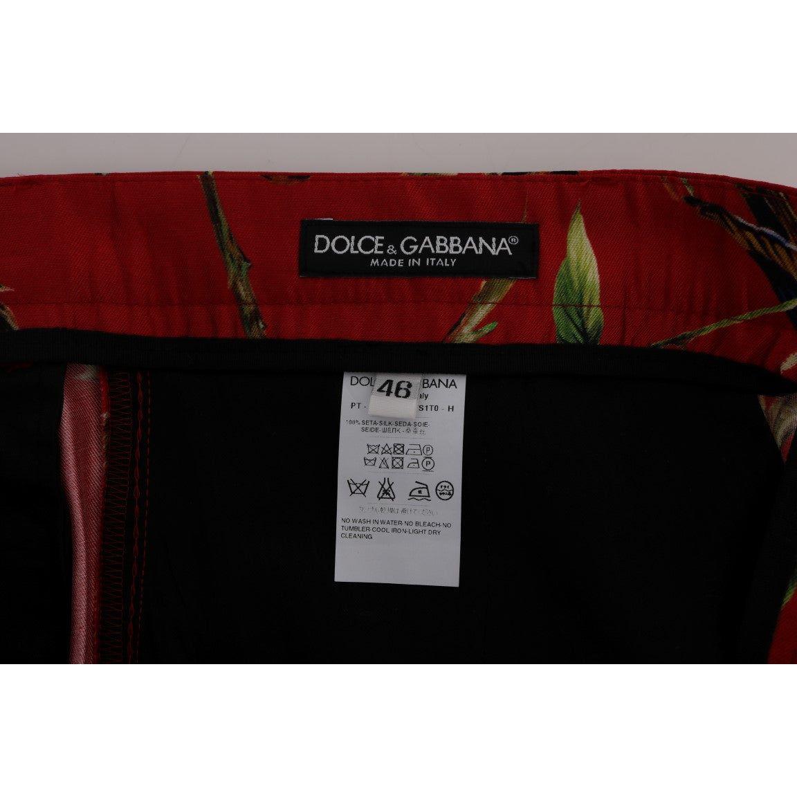 Dolce & Gabbana Red Silk Bird Print Dress Pants Dolce & Gabbana