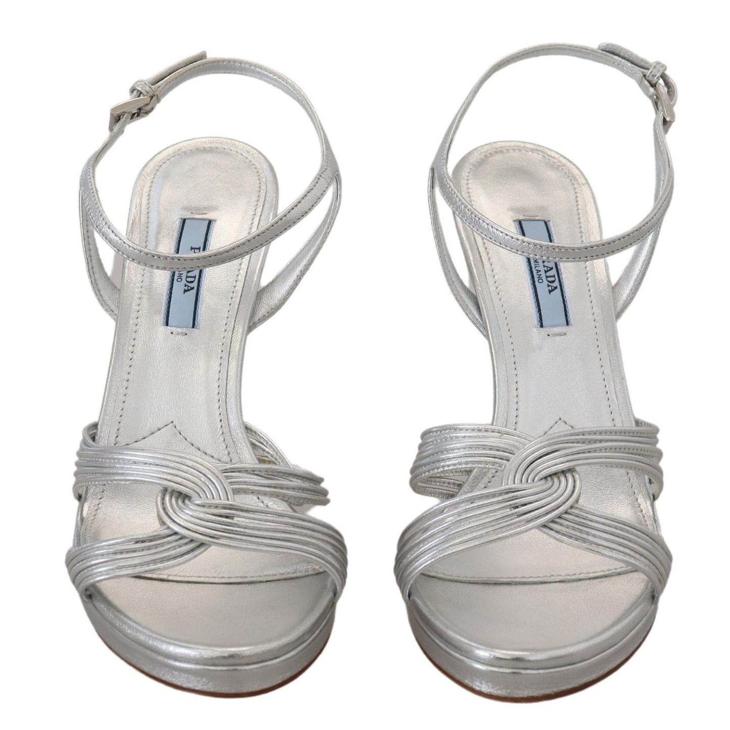 Prada Silver Leather Sandals Ankle Strap Heels Stiletto 1728,67345645728,EU39/US8.5,EU40/US9.5,EU41/US10.5,Material: 100% Leather,New with tags,Prada,Sandals - Shoes,Sandals - Women - Shoes,Shoes,Silver,Stiletto Heels - Sandals - Shoes,Women,Women - Shoes