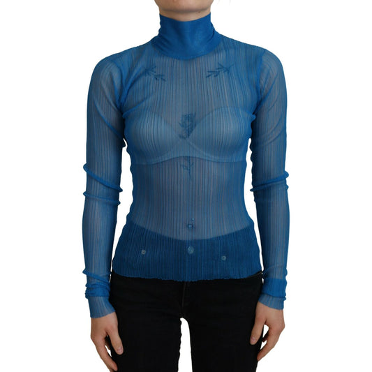 Dolce & Gabbana Blue Mesh Turtleneck Long Sleeve Blouse Top TSH83712-38