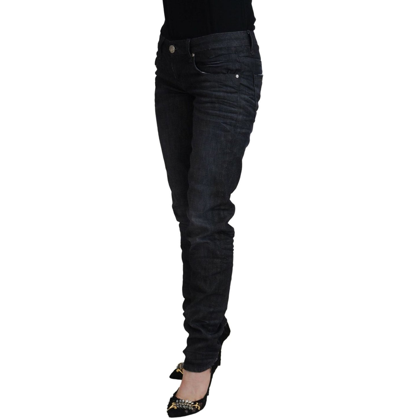 Acht Black Cotton Low Waist Slim Fit Women Casual Denim Jeans Acht