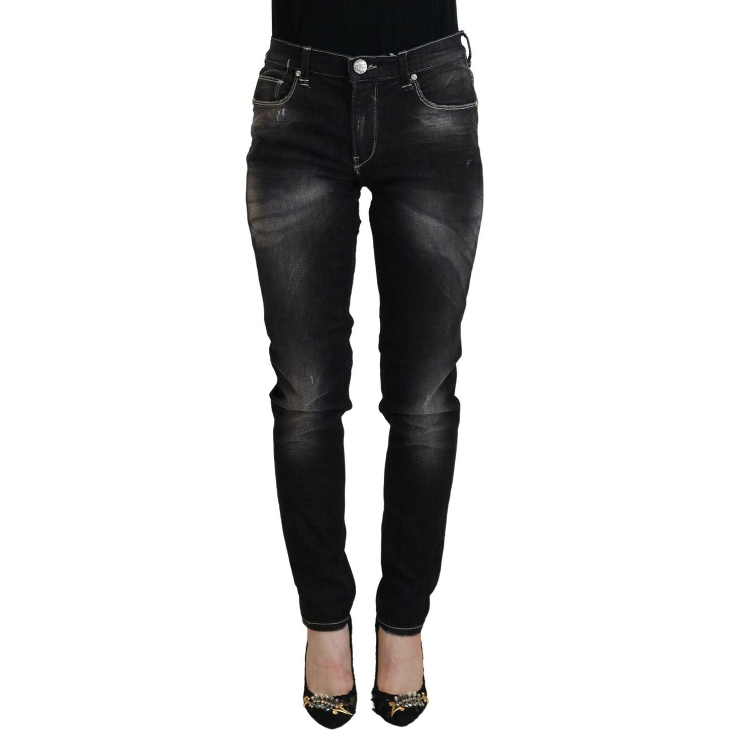 Acht Black Washed Mid Waist Tapered Women Casual Denim Jeans Acht