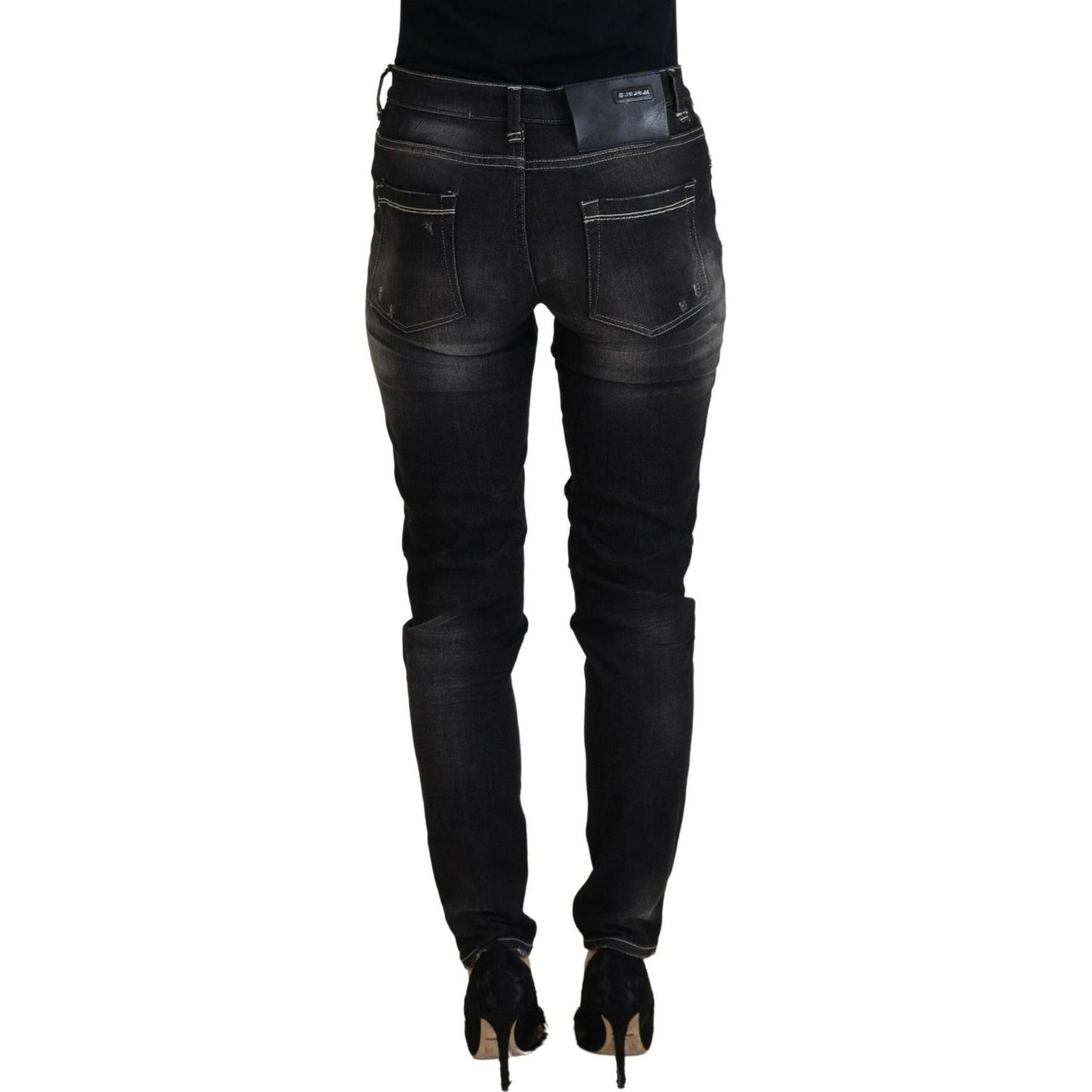 Acht Black Washed Mid Waist Tapered Women Casual Denim Jeans Acht