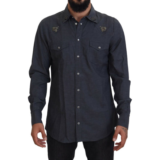 Dolce & Gabbana Blue Cotton Denim Crystal Bee Shirt TSH83866- 37
