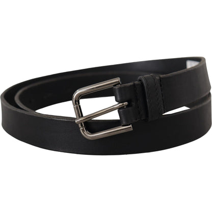 Dolce & Gabbana Black Calf Leather Logo Engraved Metal Buckle Belt