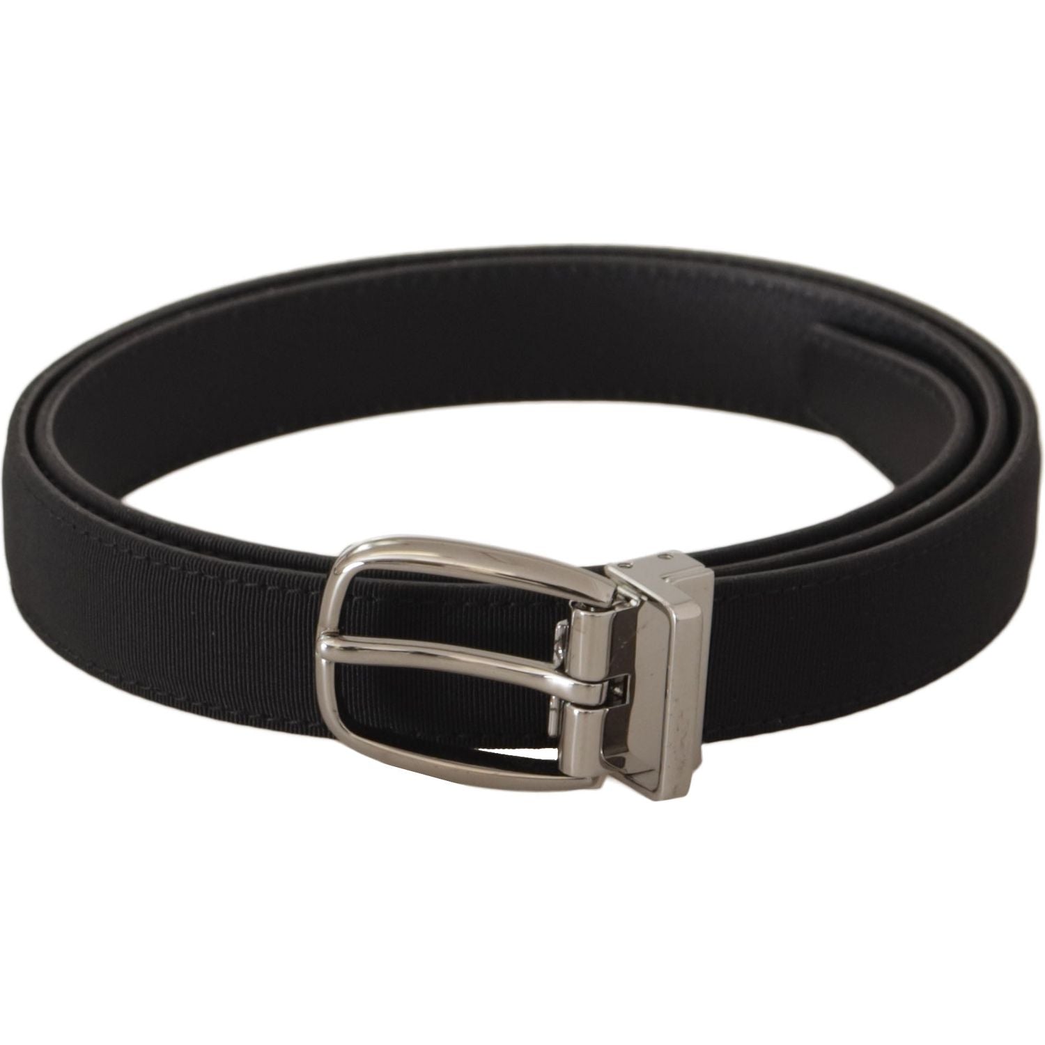 Dolce & Gabbana Black Calf Canvas Silver Tone Logo Metal Belt