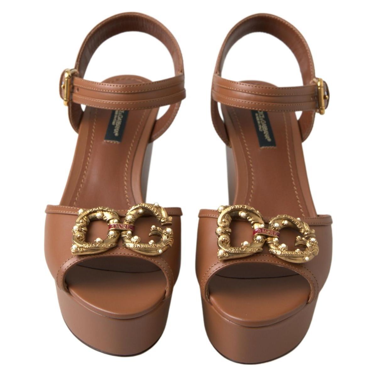 Dolce & Gabbana Brown Leather AMORE Wedges Sandals Shoes LA10214-35.5