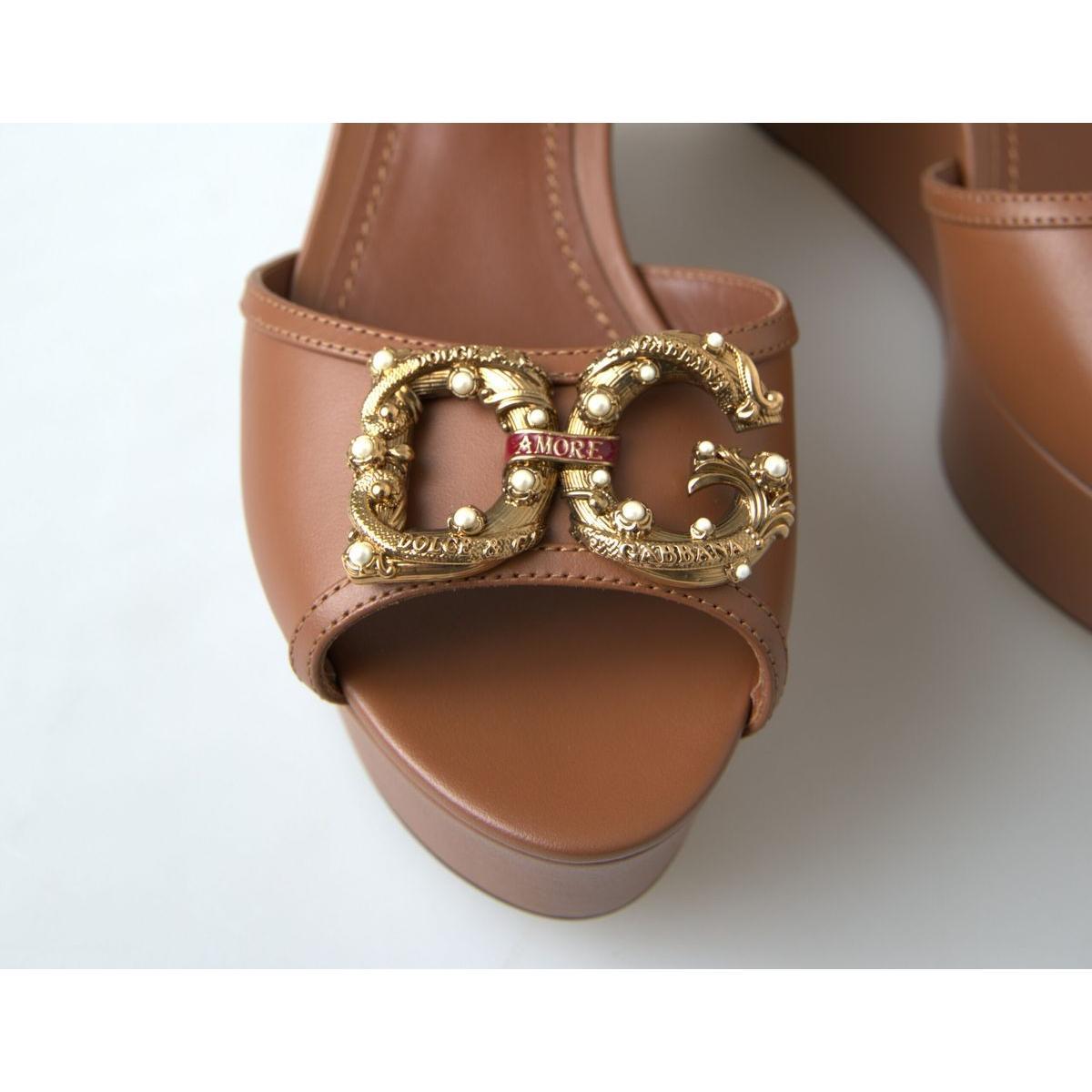 Dolce & Gabbana Brown Leather AMORE Wedges Sandals Shoes LA10214-35.5