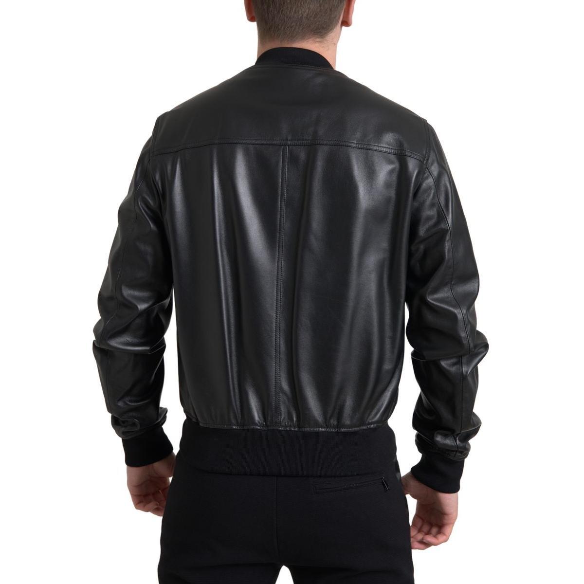 Dolce & Gabbana Black Leather Full Zip Bomber Men Jacket JKT3710-46