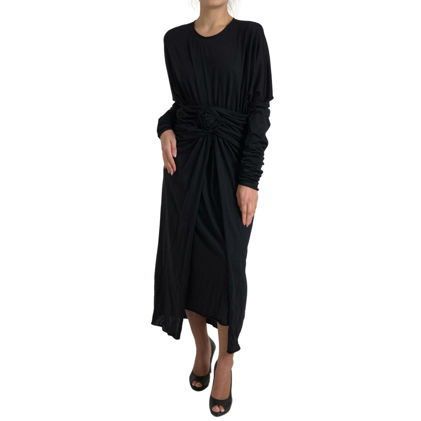 Dolce & Gabbana Black Wool Wrap Sheath Midi Gown Dress