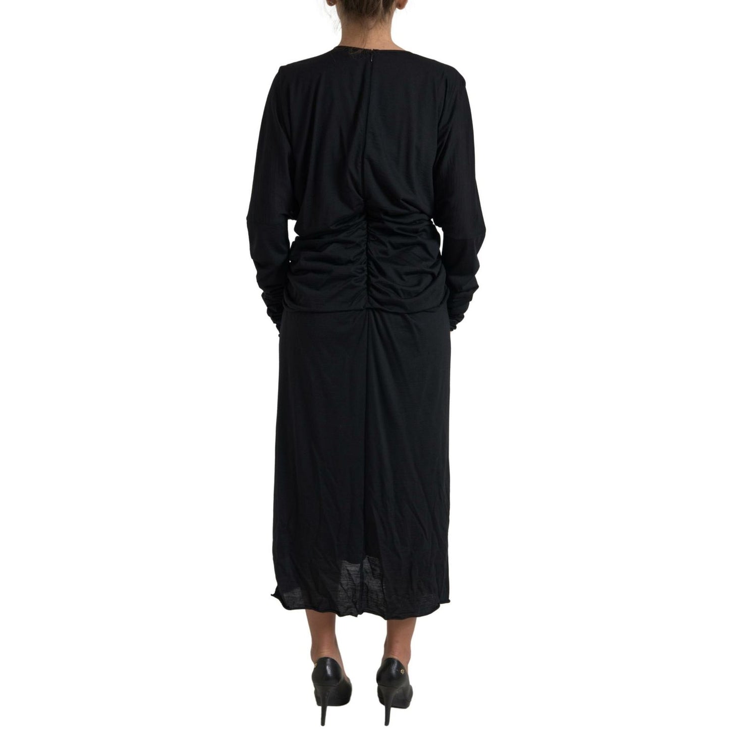 Dolce & Gabbana Black Wool Wrap Sheath Midi Gown Dress