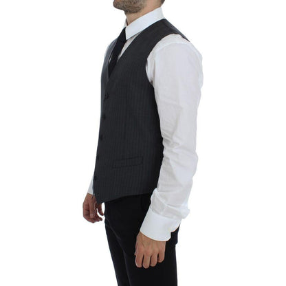 Dolce & Gabbana Black Striped Wool Single Breasted Vest Dolce & Gabbana