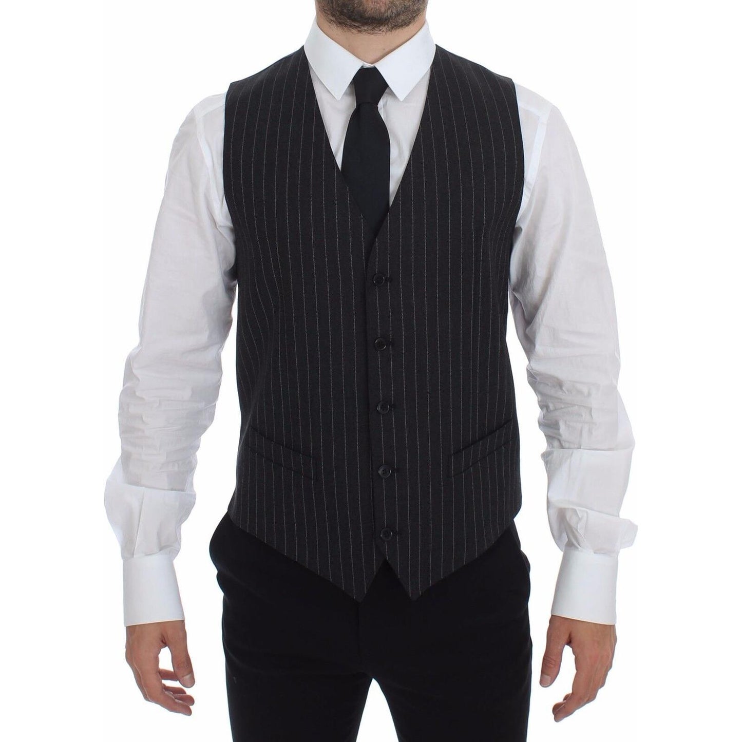 Dolce & Gabbana Gray Striped Wool Logo Vest Gilet Weste Dolce & Gabbana