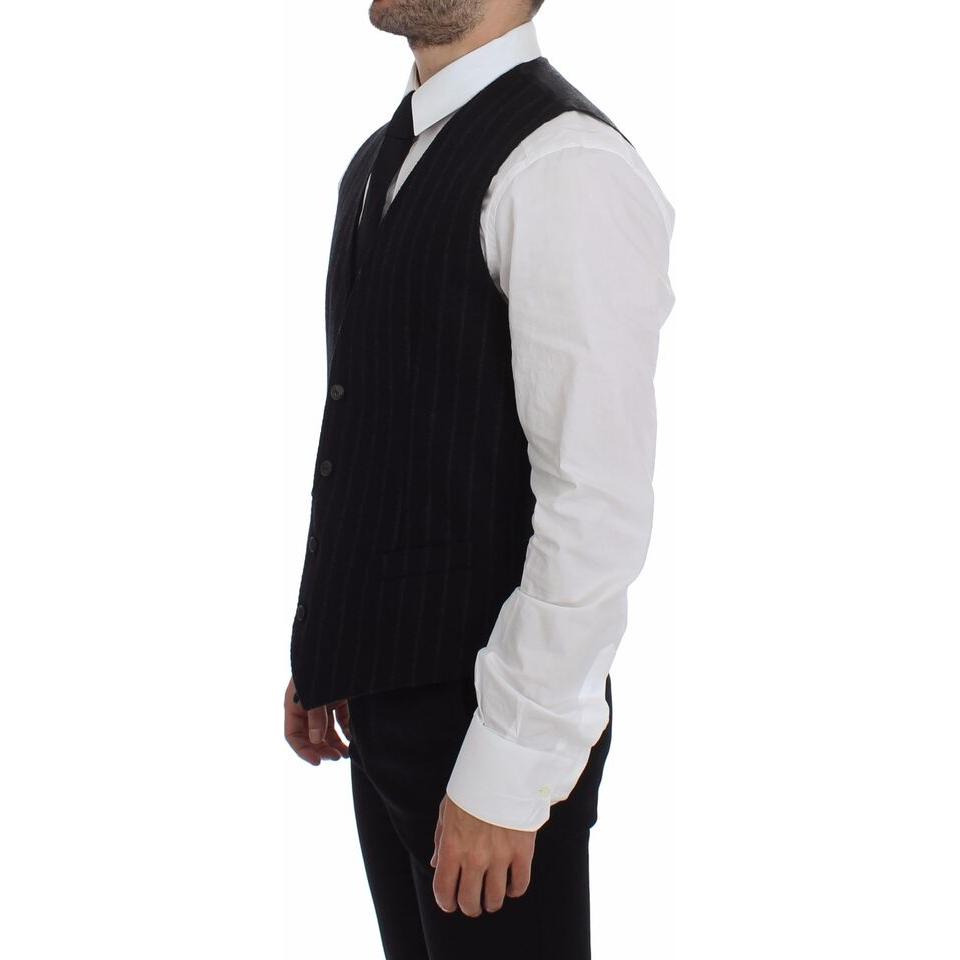 Dolce & Gabbana Black Striped Wool Logo Vest Gilet Weste Dolce & Gabbana