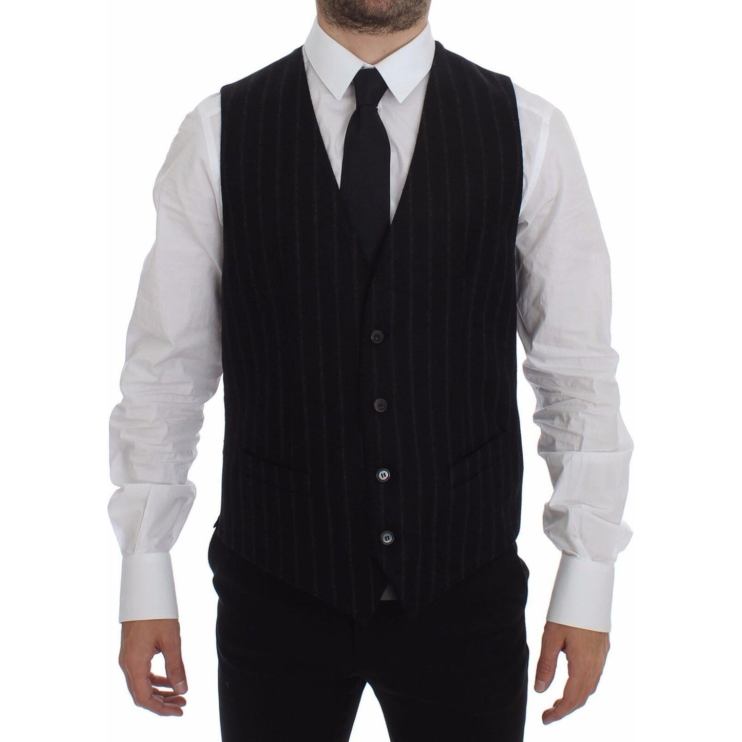 Dolce & Gabbana Black Striped Wool Logo Vest Gilet Weste Dolce & Gabbana