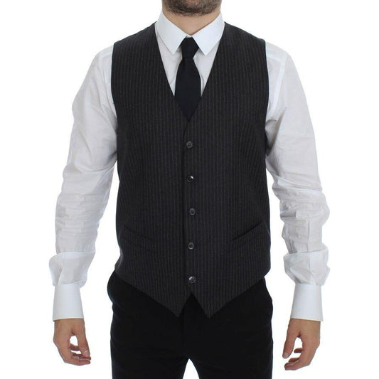 Dolce & Gabbana Gray Striped Wool Single Breasted Vest Dolce & Gabbana