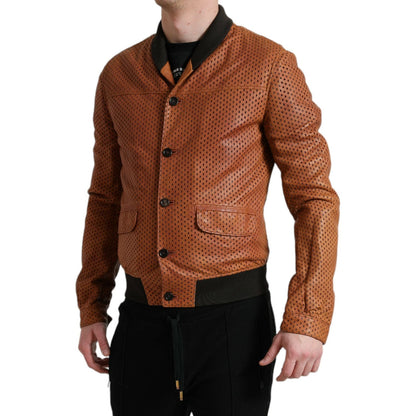 Dolce & Gabbana Brown Lambskin Leather Perforated Jacket