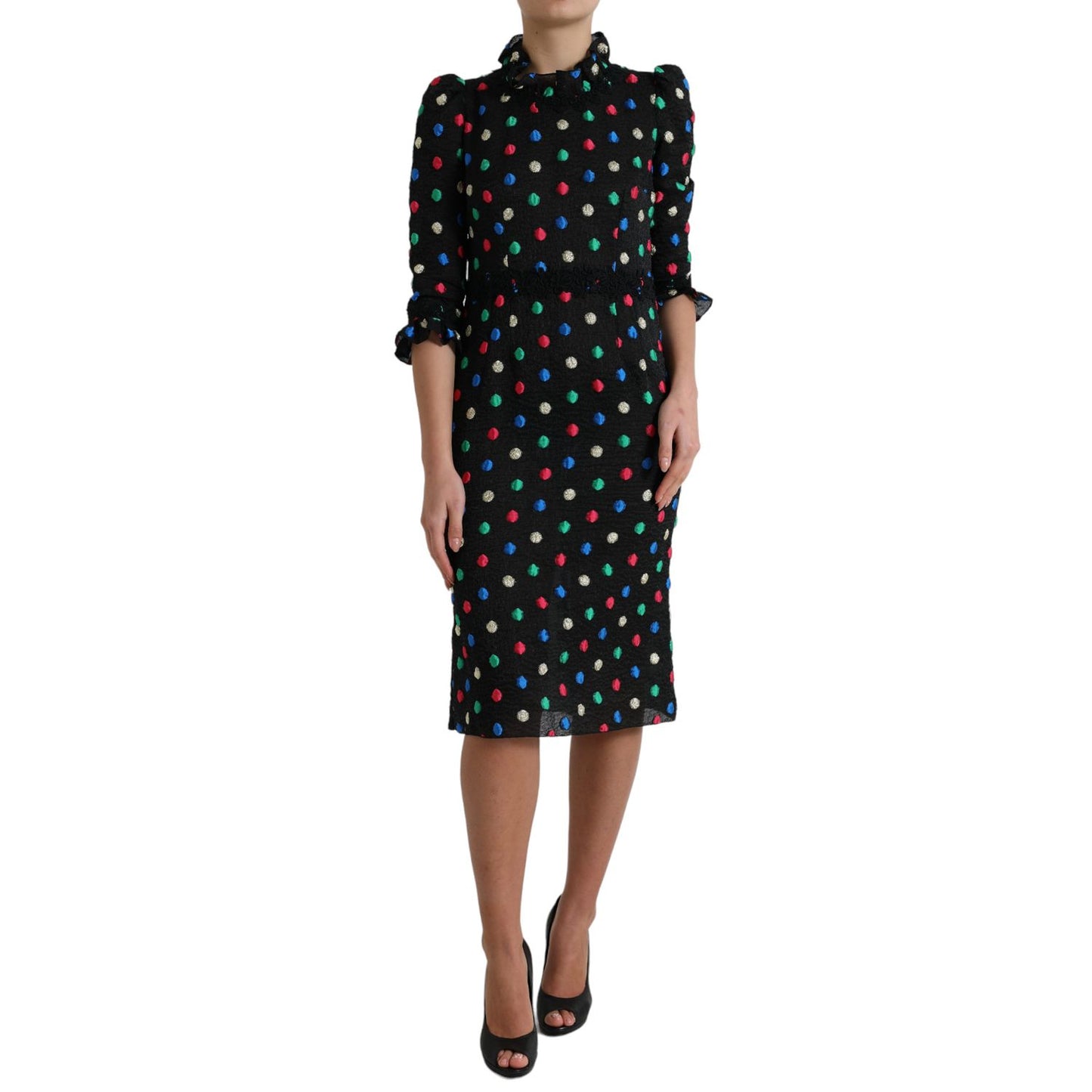 Dolce & Gabbana Black Polka Dot Ruffle Cotton Midi Dress