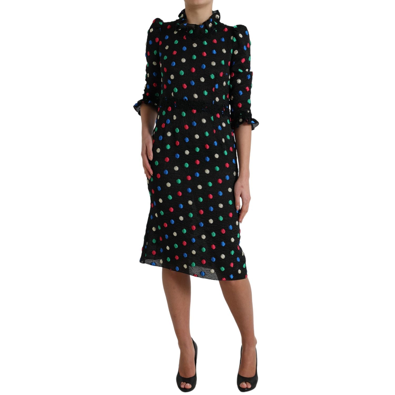 Dolce & Gabbana Black Polka Dot Ruffle Cotton Midi Dress