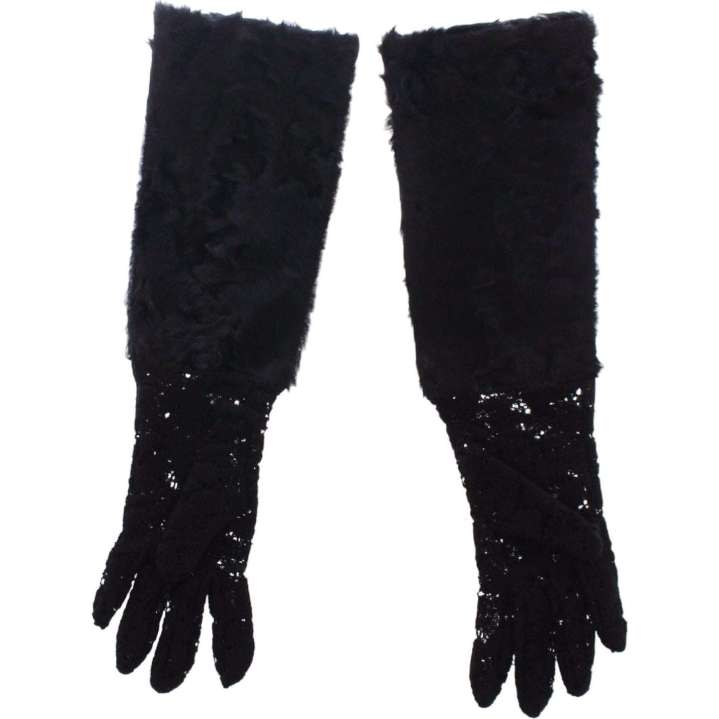 Dolce & Gabbana Black Lace Wool Lambskin Fur Elbow Gloves Dolce & Gabbana