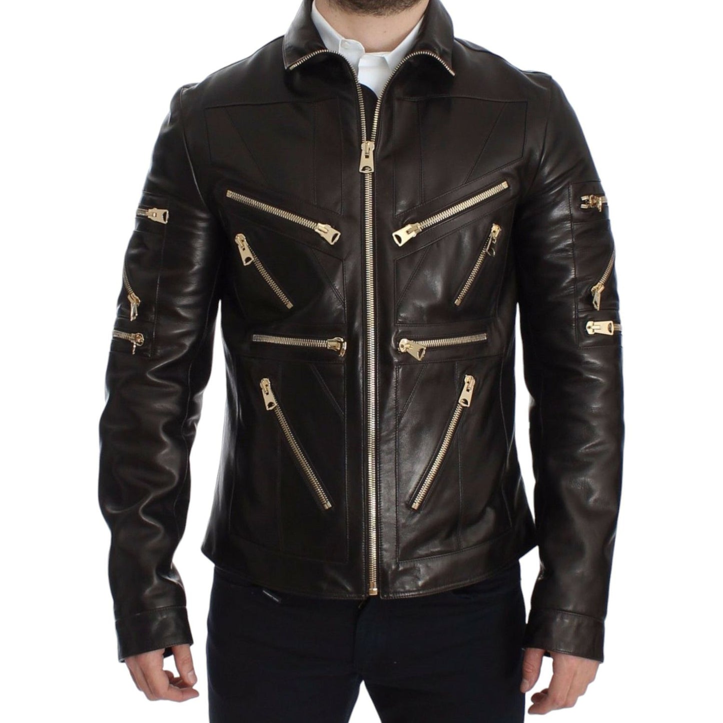 Dolce & Gabbana Brown Lambskin Leather Zipper Jacket