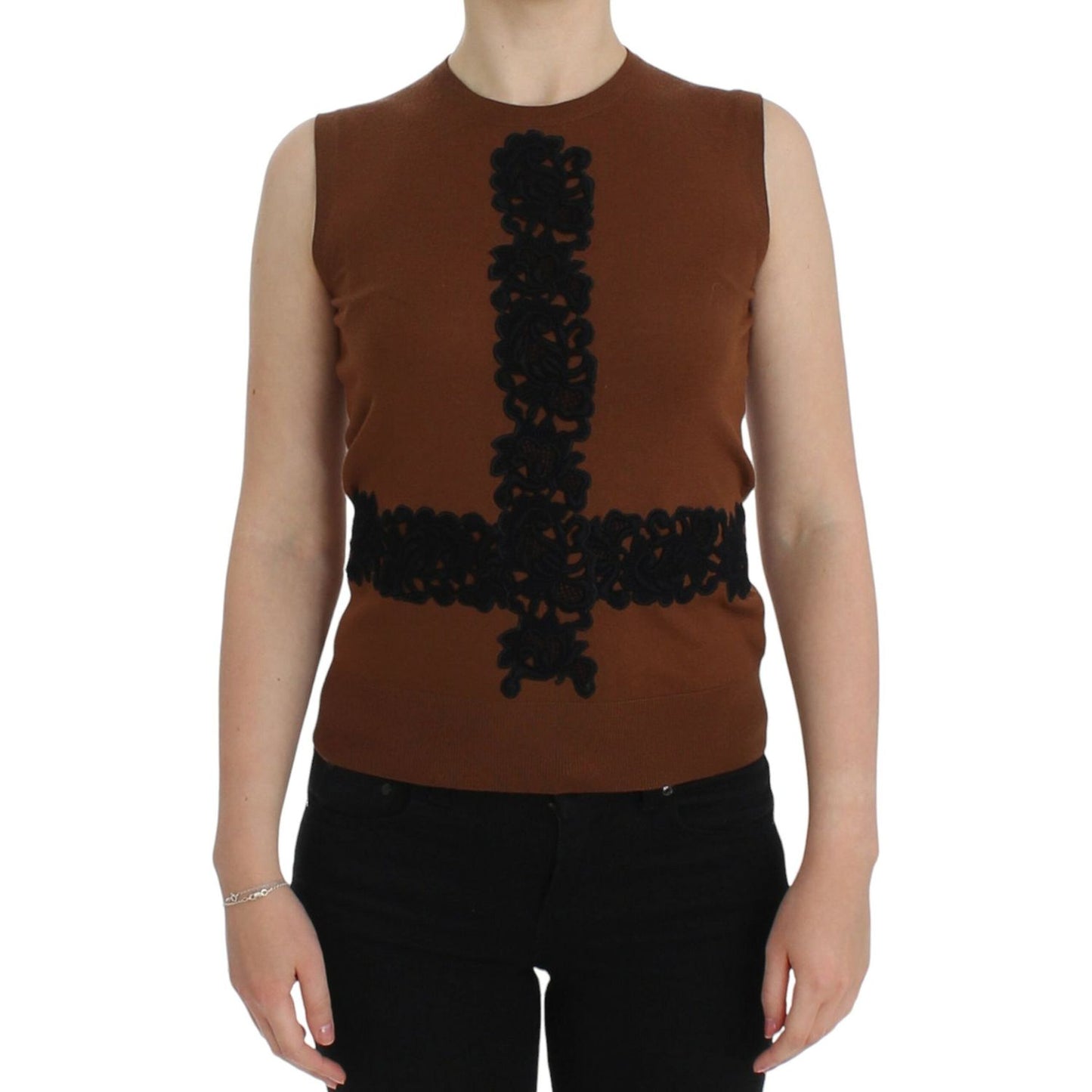 Dolce & Gabbana Brown Wool Black Lace Vest Sweater Top Dolce & Gabbana