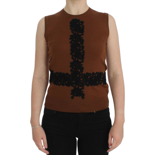 Dolce & Gabbana Brown Wool Black Lace Vest Sweater Top Dolce & Gabbana