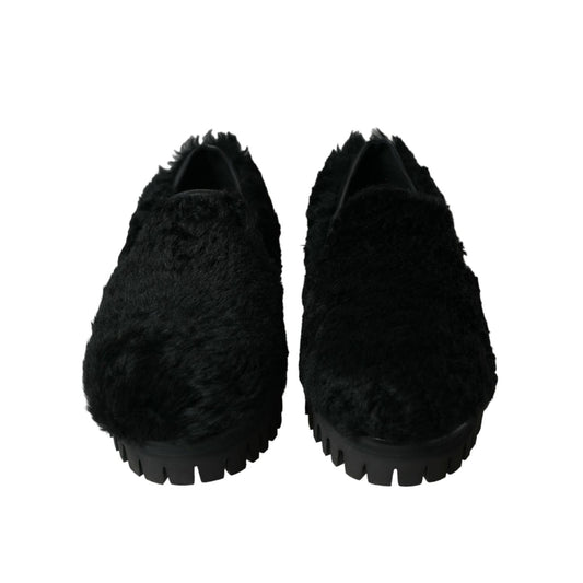 Dolce & Gabbana Black Fur Leather Slippers Dress Shoes