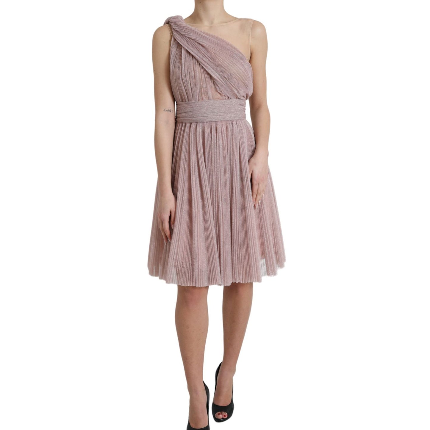 Dolce & Gabbana Light Lilac Pleated Lame Tulle One Shoulder Dress