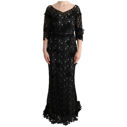 Dolce & Gabbana Black Cotton Silk Floral Long Dress Dolce & Gabbana