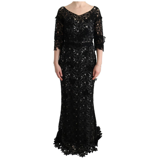 Dolce & Gabbana Black Cotton Silk Floral Long Dress Dolce & Gabbana