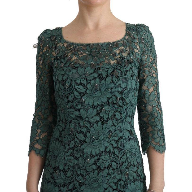 Dolce & Gabbana Green Floral Crystal Ricamo Sheath Dress Dolce & Gabbana