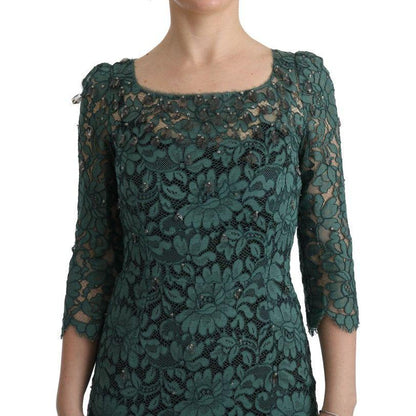 Dolce & Gabbana Green Floral Crystal Ricamo Sheath Dress Dolce & Gabbana