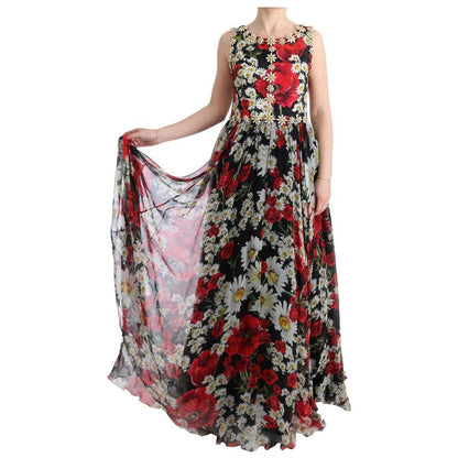 Dolce & Gabbana Multicolor Silk Floral Crystal Long Maxi Dress Dolce & Gabbana