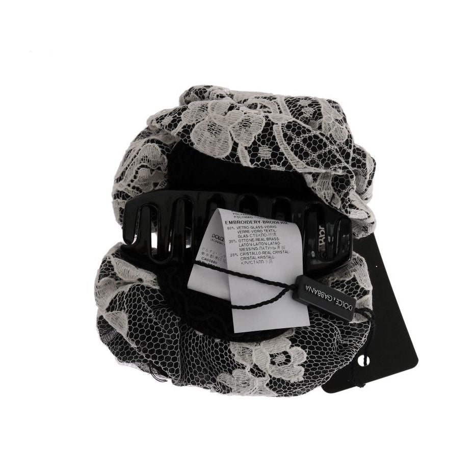 Dolce & Gabbana Black White Floral Lace Crystal Hair Claw Dolce & Gabbana