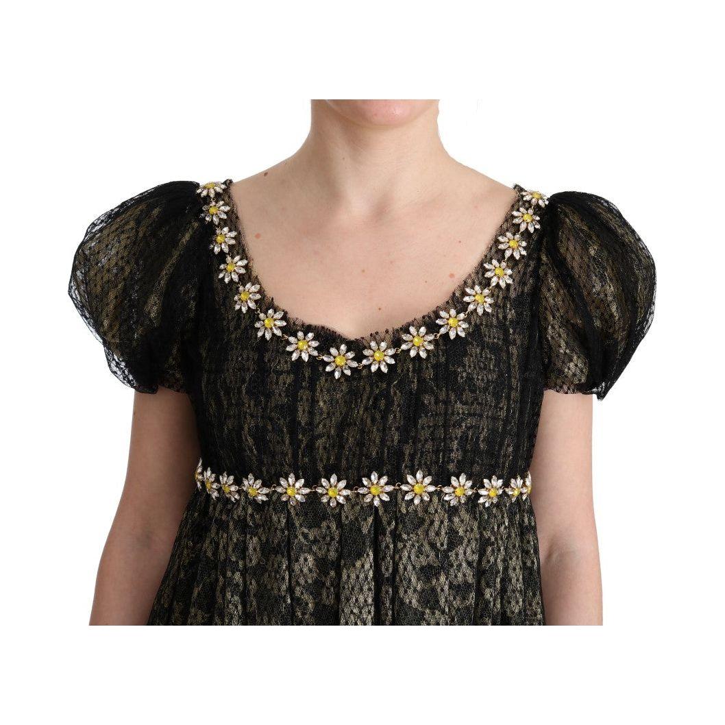 Dolce & Gabbana Black Yellow Crystal Lace Shift Dress Dolce & Gabbana