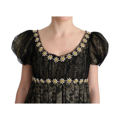 Dolce & Gabbana Black Yellow Crystal Lace Shift Dress Dolce & Gabbana
