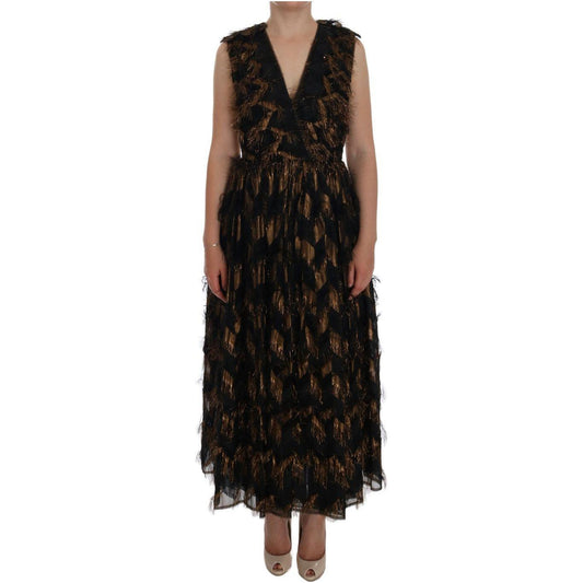 Dolce & Gabbana Black Silk Brown Fringes A-Line Dress Dolce & Gabbana