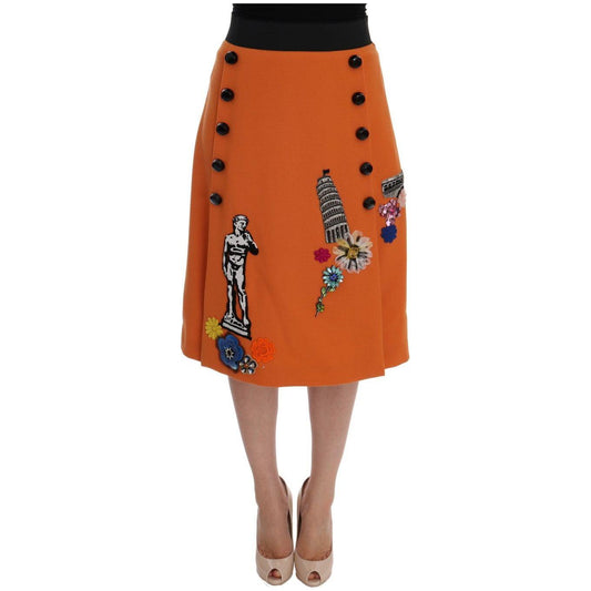 Dolce & Gabbana Orange Wool Crystal Sequin Appliques Skirt Dolce & Gabbana